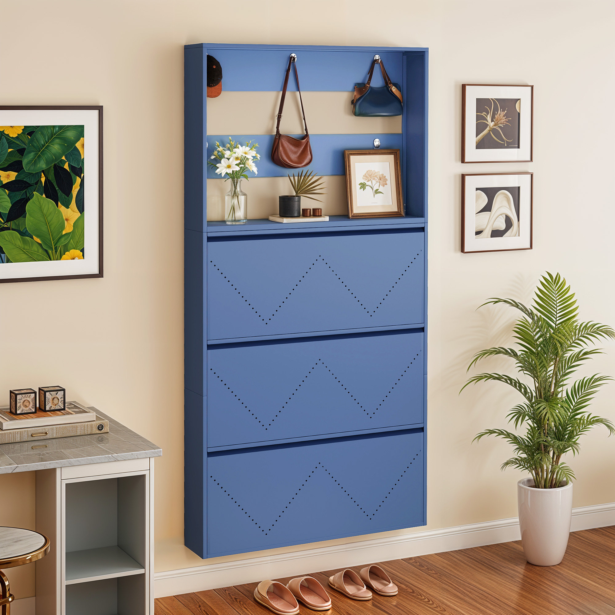 August Grove® Wall-Mounted Metal Shoe Cabinet With 3 Flip Drawers